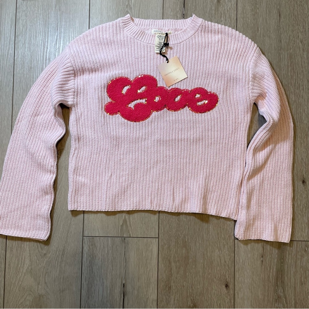 Happily Grey Light Blush Pink "Love"‎ Cozy Crewneck Sweater Girls M (10-12)